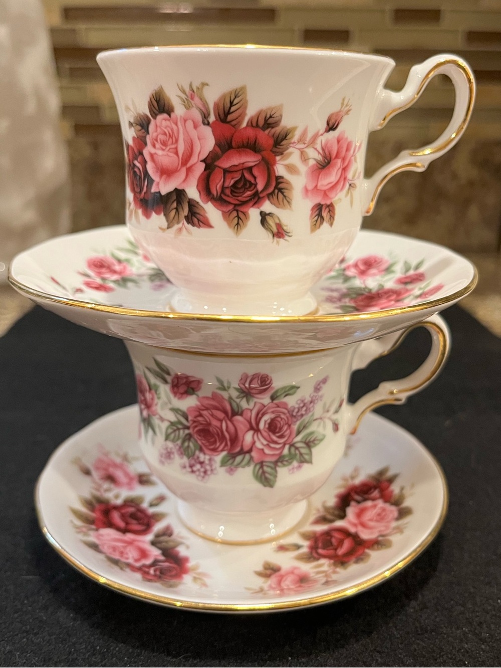 Vintage Queen Anne Pink Rose Bone China Teacup and Saucer Sets with Gold Trim